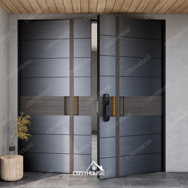 Rustic-Style Aluminum Double Front Door with Wood Finish