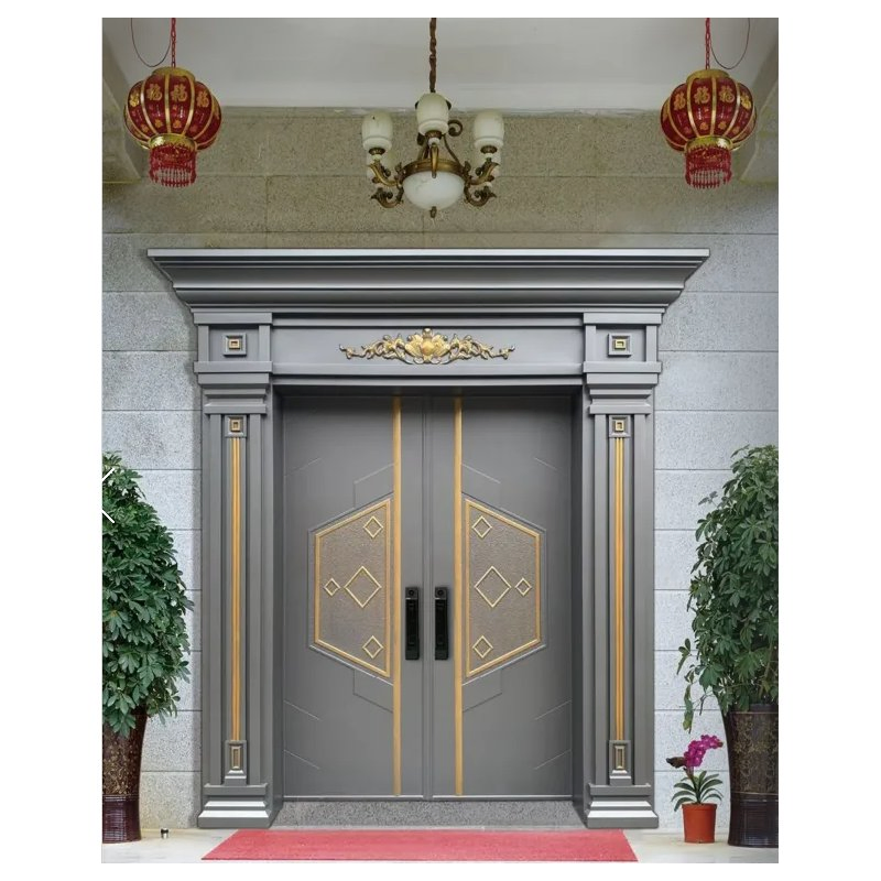 Modern Security Entry Doors Houses Chinese Style Large Aluminum Pivot Entrance Double Doors Swing Open Style Steel Glass Villas