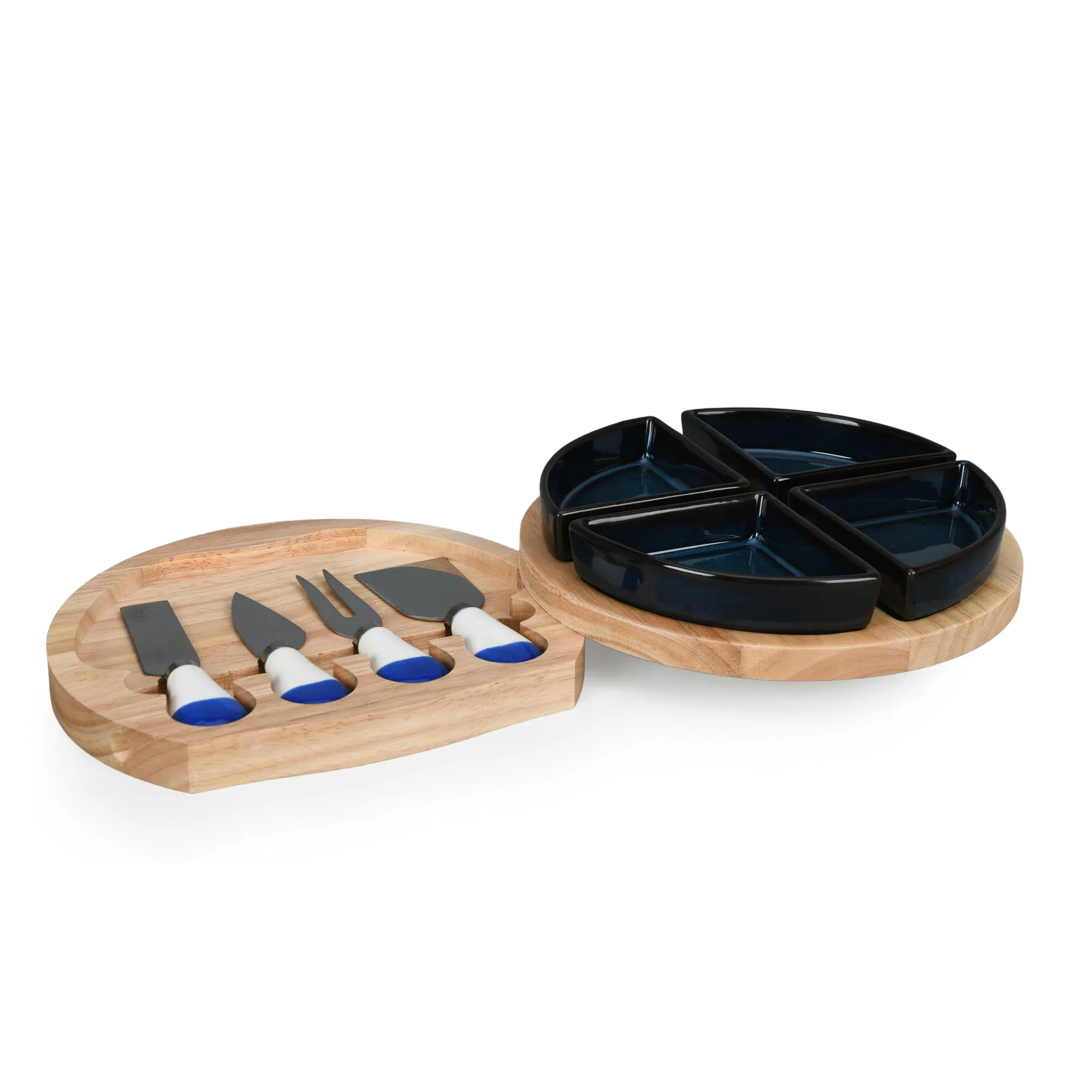 Elegant Ceramic Divided Serving Set Plates with Bamboo Tray Knife and Fork