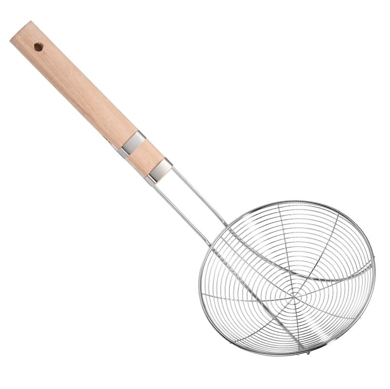 Heavy Duty Stainless Steel Mesh Strainer with Wooden Handle -Ideal for Frying, Noodles, and Dumplings