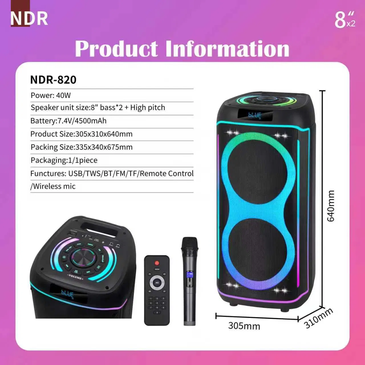 Wireless Portable Trolley Handle Wooden Ndr-820 Speaker