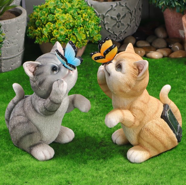 Solar Garden Statue Cute Cat Figurine Fun Color Changing LED Butterfly Light