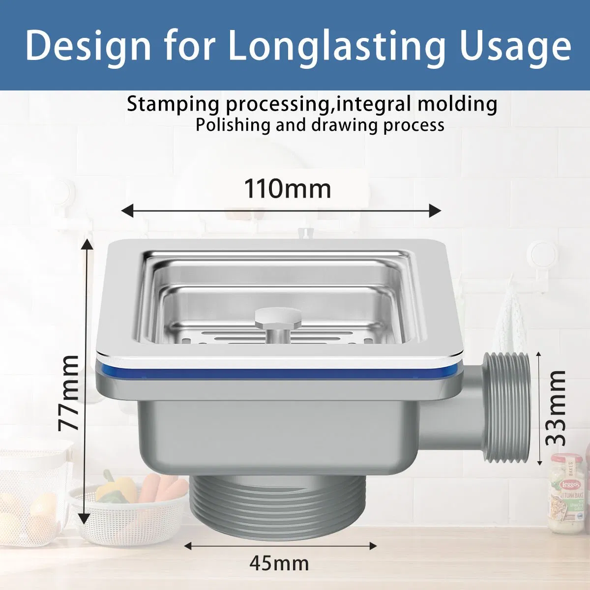 High-Quality Stainless Steel Square Cup Kitchen Sink Drain with Flexible PP Pipe
