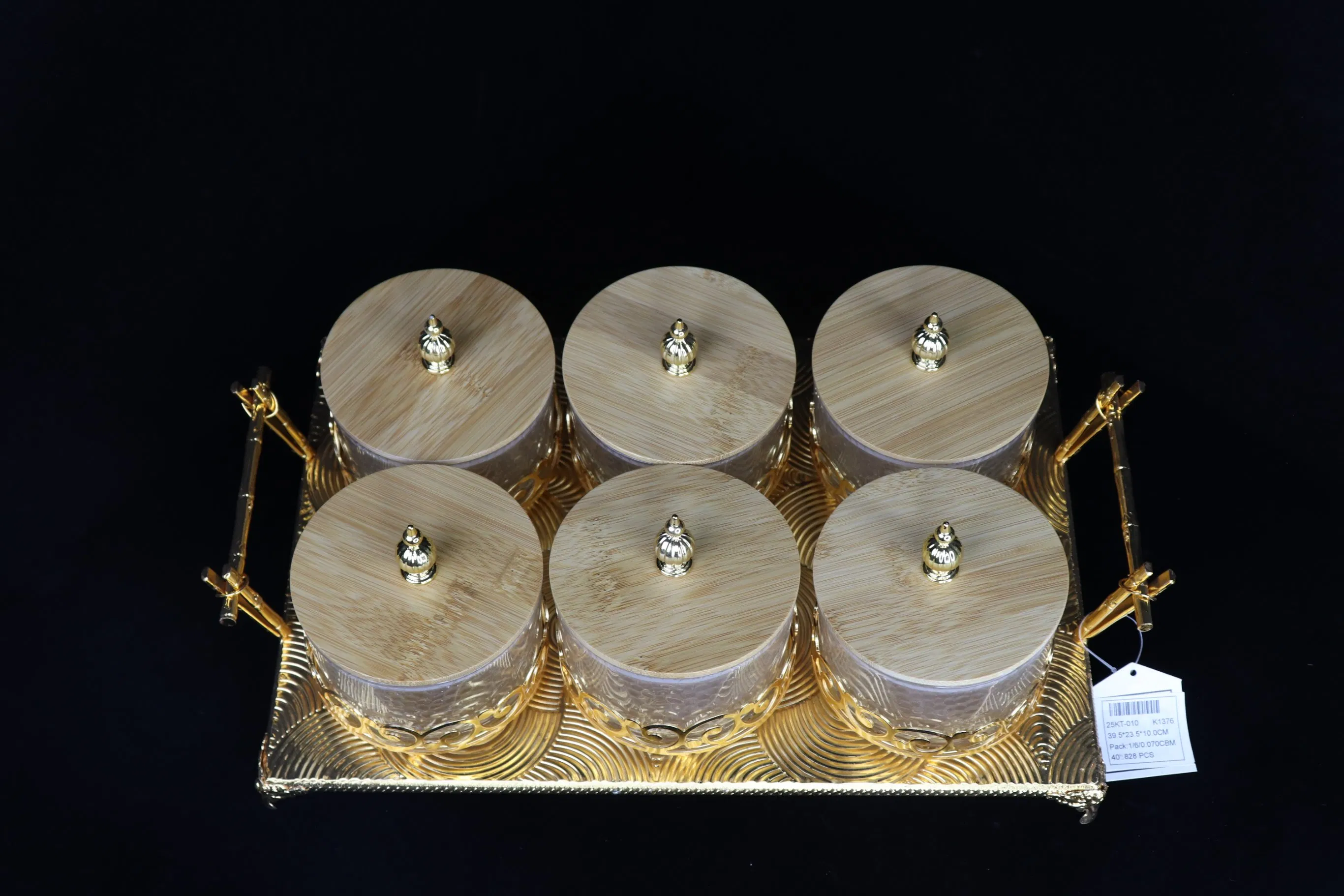 Home and Kitchen Supplies Gold-Plated Iron Frame with 6 Glass Jars Set