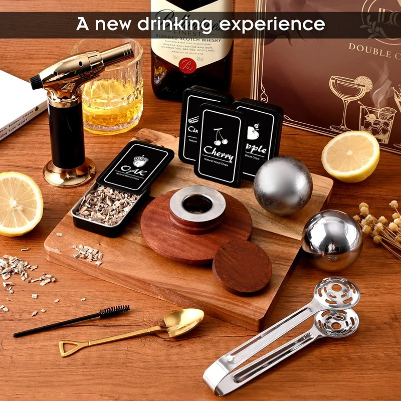 Shunstone Custom Cocktail Whiskey Smoker Kit with Torch Wood Chips Reusable Ice Ball Bar Accessories in Wooden Gift Box