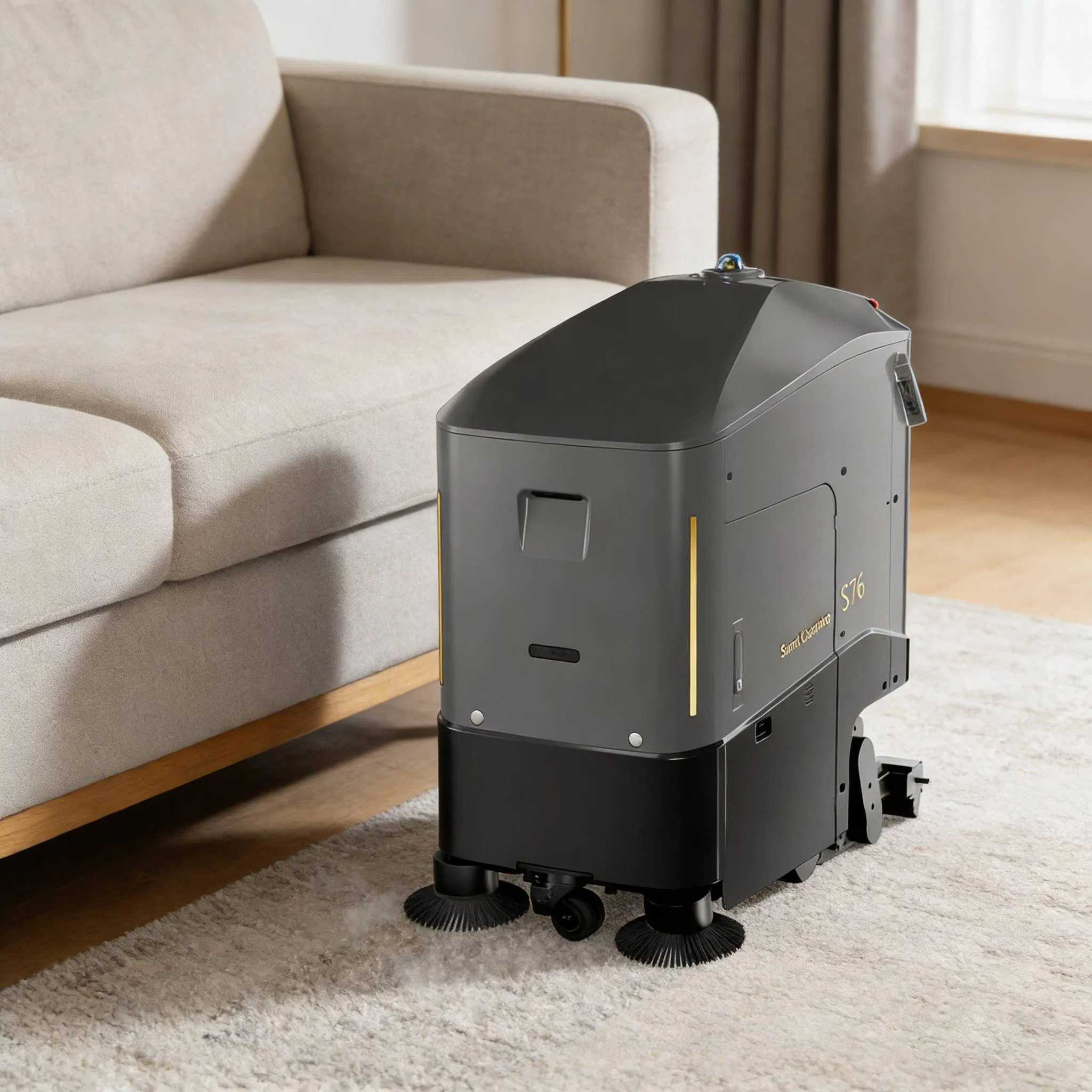 Steam-Powered Robotic Carpet Cleaner with Smart Navigation and Fast-Drying Suction.