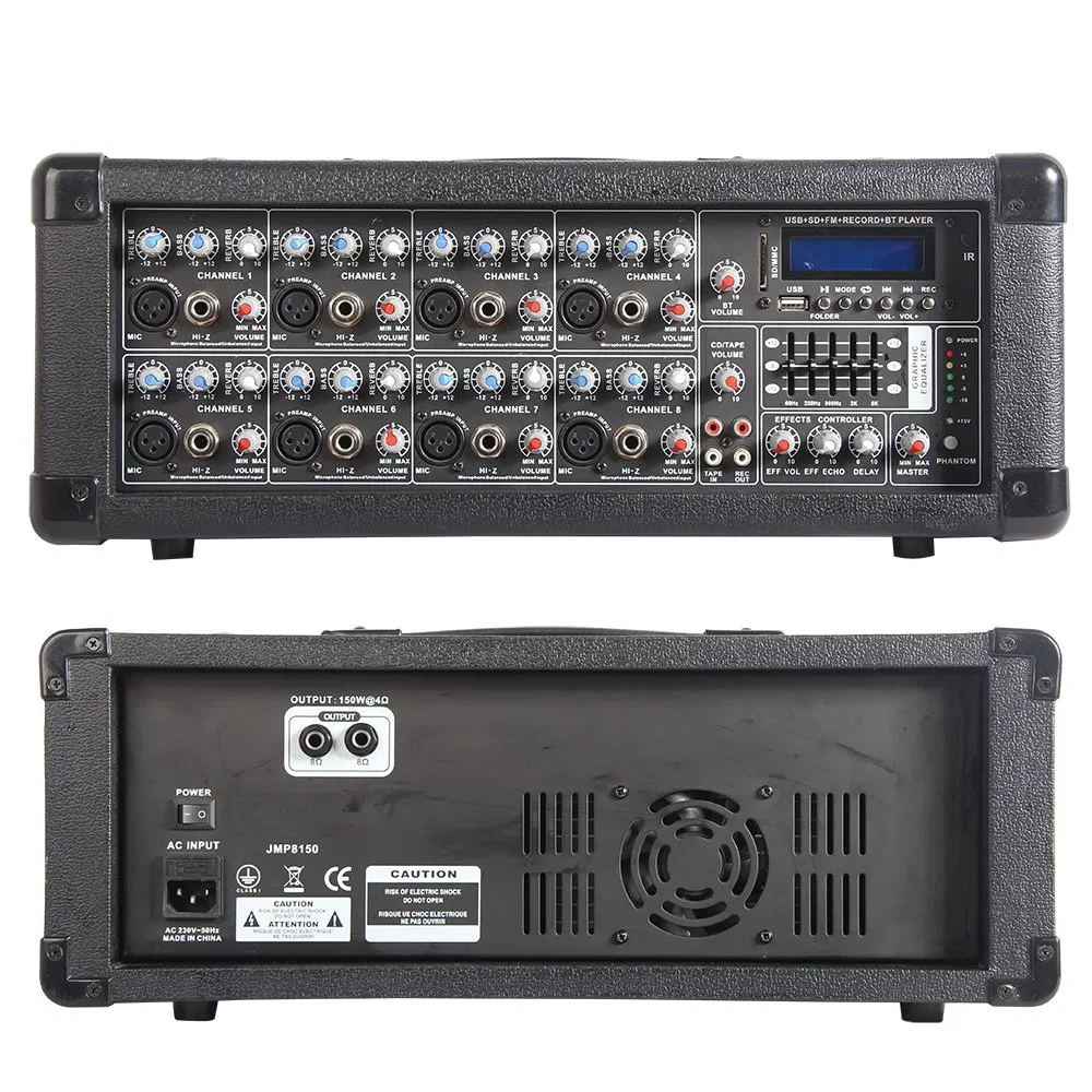 8 Channel 1000W Bluetooth Powered with 2PCS 10 Inch Wooden Cabinet Speaker PRO DJ System+Microphone+Cable+Stand&Model