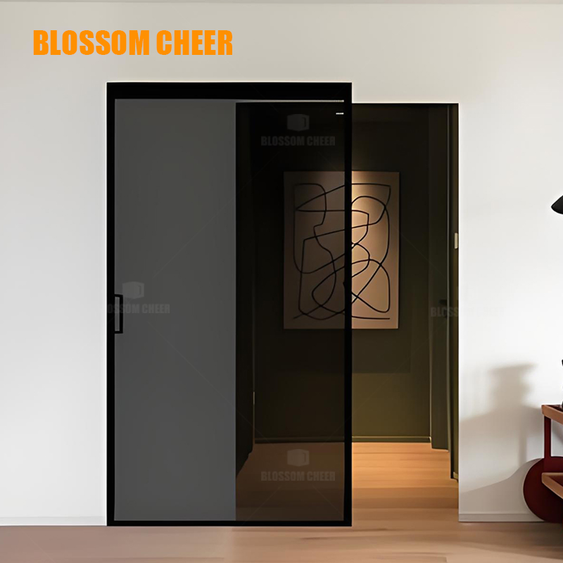 Modern Interior Aluminum Bathroom Doors Frameless Glass Sliding Hidden Track Ghost Door