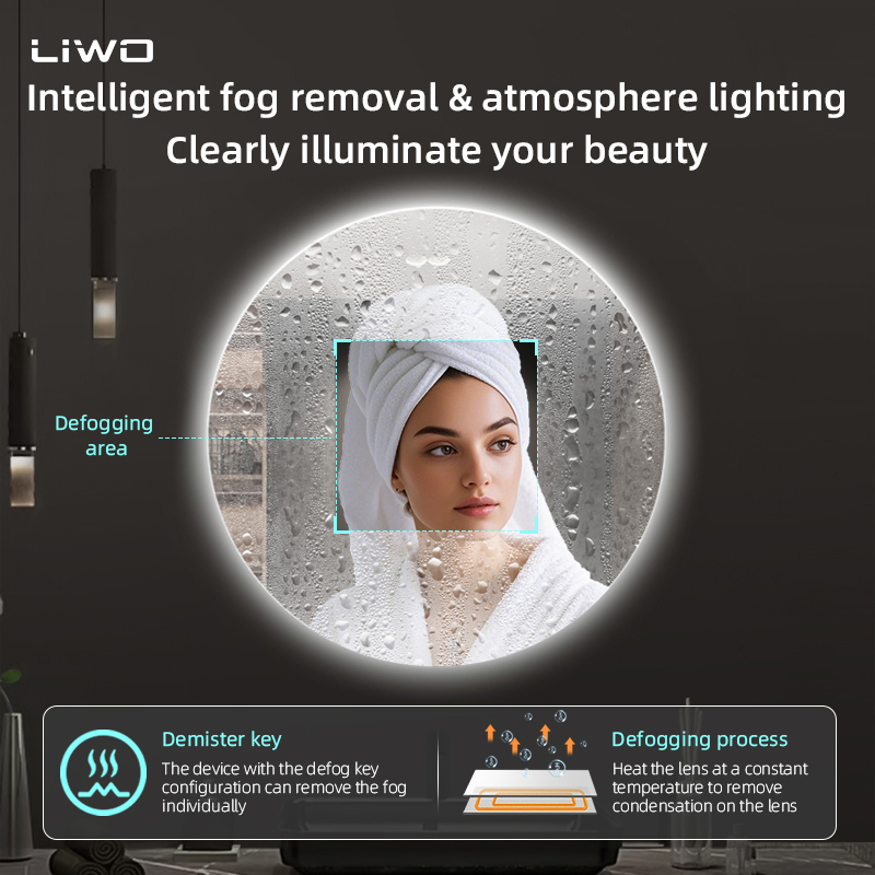 Home Decoration Bathroom Round Smart LED Mirror with Backlit Light Glass Mirror with Anti-Fog Bluetooth Cosmetic Decorative Vanity Makeup Wall Furniture