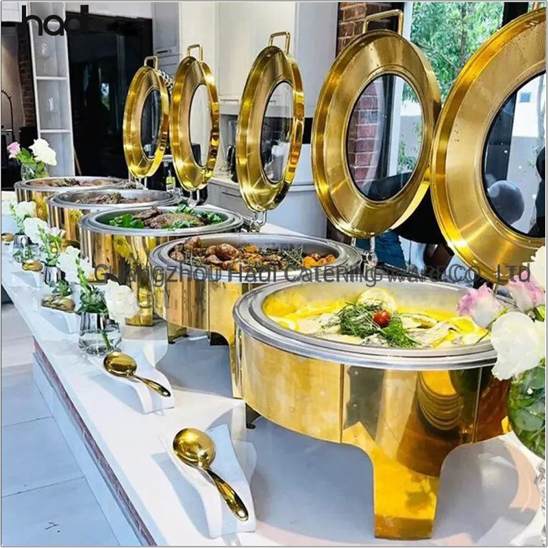 Catering Equipment Stainless Steel Food Warmer Big Golden Newest Design Rectangulaire Transparent Cheffing Luxury Glass Cover Roll Top Chafing Dish