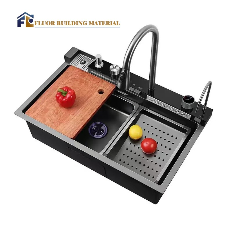 Waterfall Kitchen Bowl Flying Rain Nano Stainless Steel Smart Sink Black