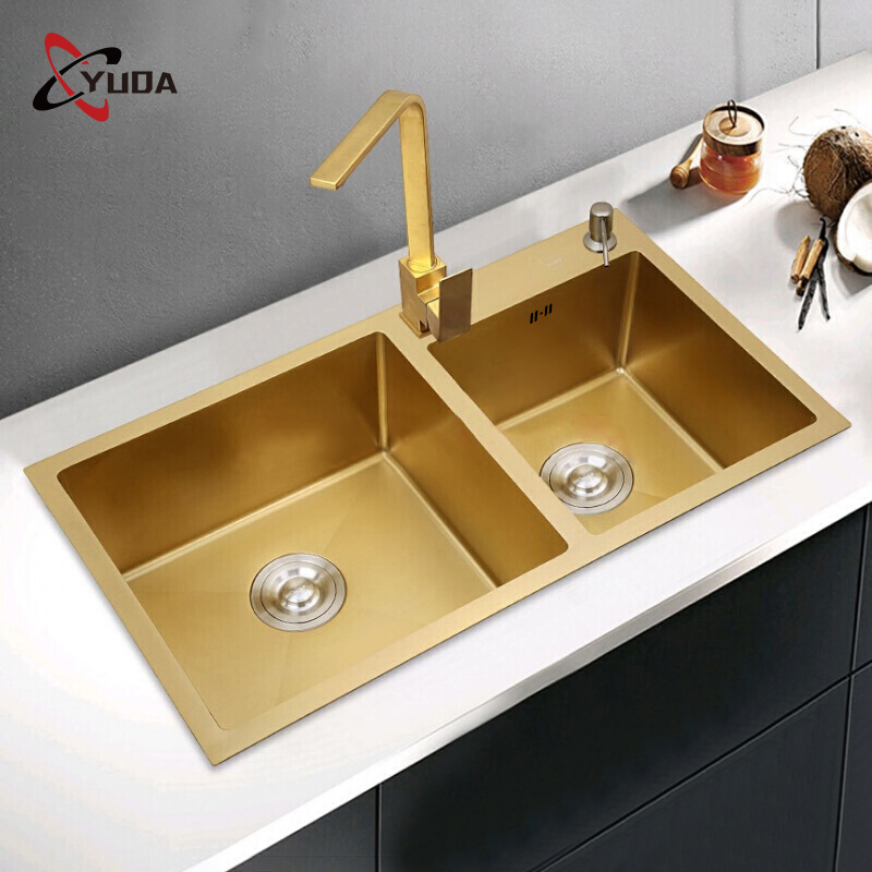 Factory Wholesale Gold Stainless Steel Undermount Kitchen Sink Double Bowls with CE Certification Fregadero De La Cocina