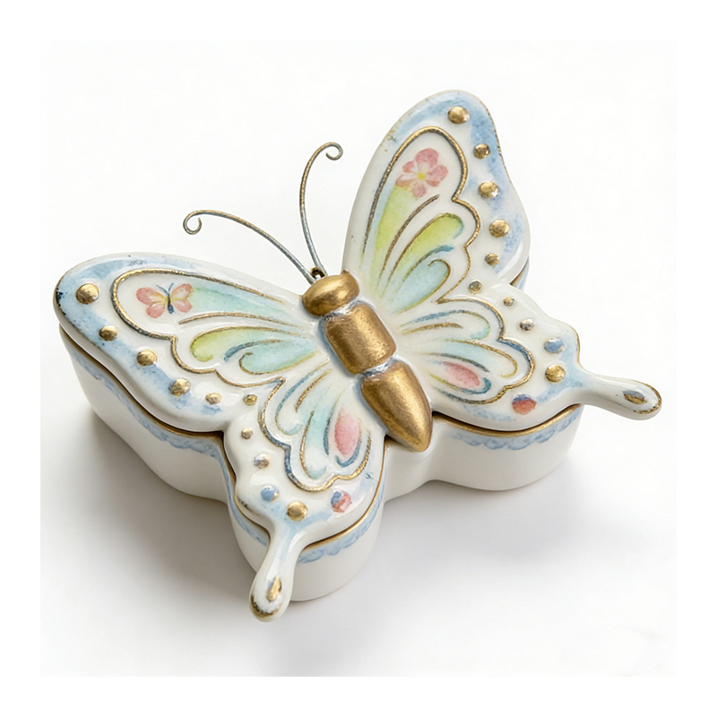 Decorative Ceramic Trinket Box with 3D Butterfly Lid