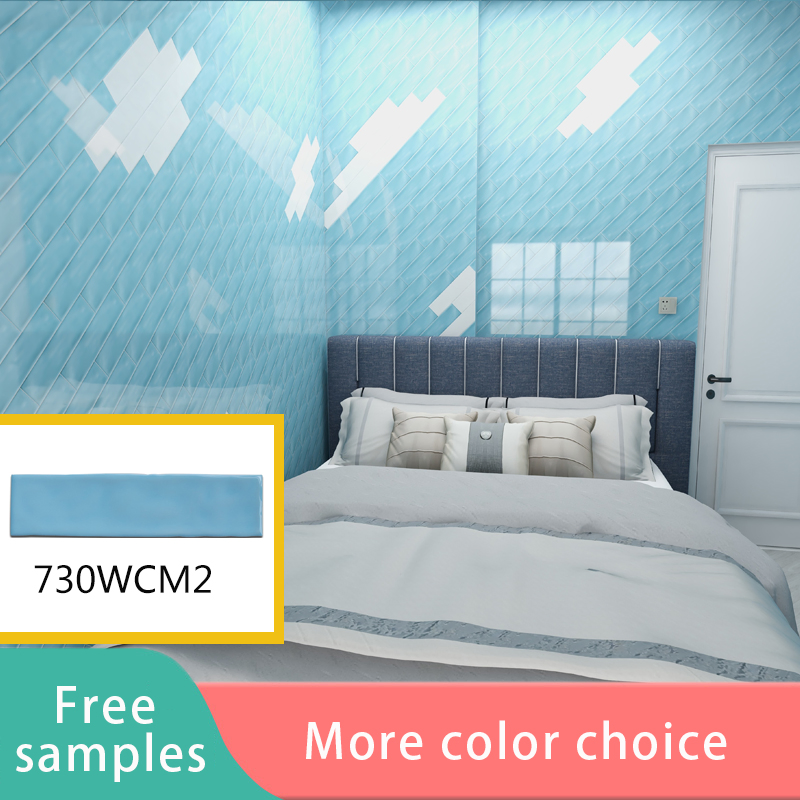 75X300mm Wavy Edge Lake Blue Glossy Subway Wall Tiles Bathroom Tiles Blue Tiles