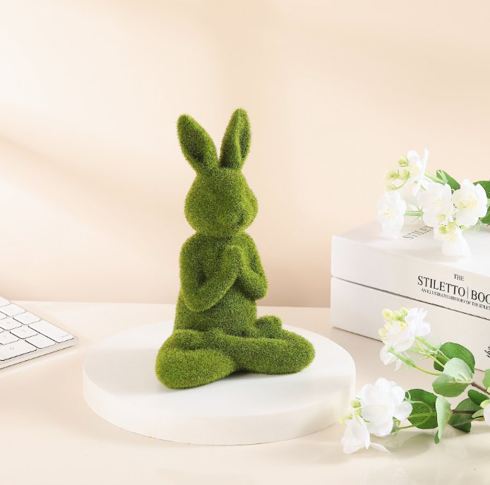 Resin Crafts Easter Bunny Decor Moss Bunny Figurine Flocked Yoga Rabbit Decor for Desktop