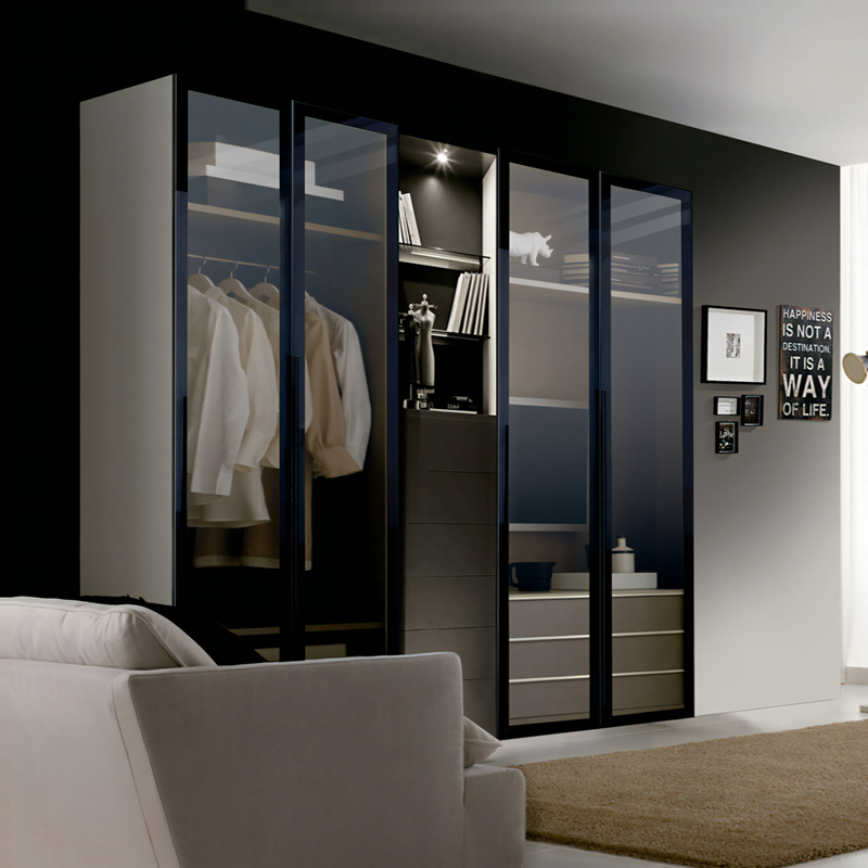Modern New Design Glass Wardrobe Closet with Aluminum Pole System Clothes Cabinet with Glass Doors