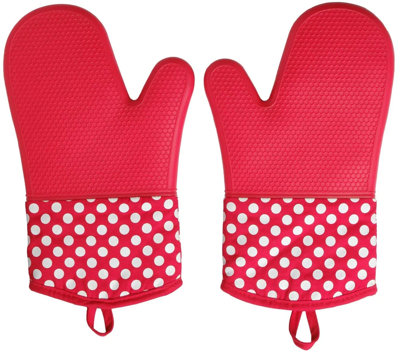 Silicone Oven Mitts - Red 1 Pair, Heat Resistant Kitchen Oven Gloves, Extra Long Super Grip Cooking Gloves, Safe Flexible Waterproof Oven Mitts Quilted Cotton