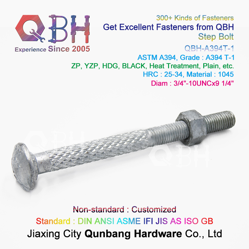 Qbh Customized ASTM A394-1 HDG Zp Yzp Plain Dacromet Geomet Carbon Steel Steel Structure Tower Carriage Knurl Round Head Double Step Bolt and & Nut Assembly