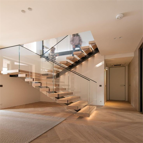Customized Solid Wood Steel Staircase Straight Shape Centre Beam Glass Railing Stairs Design