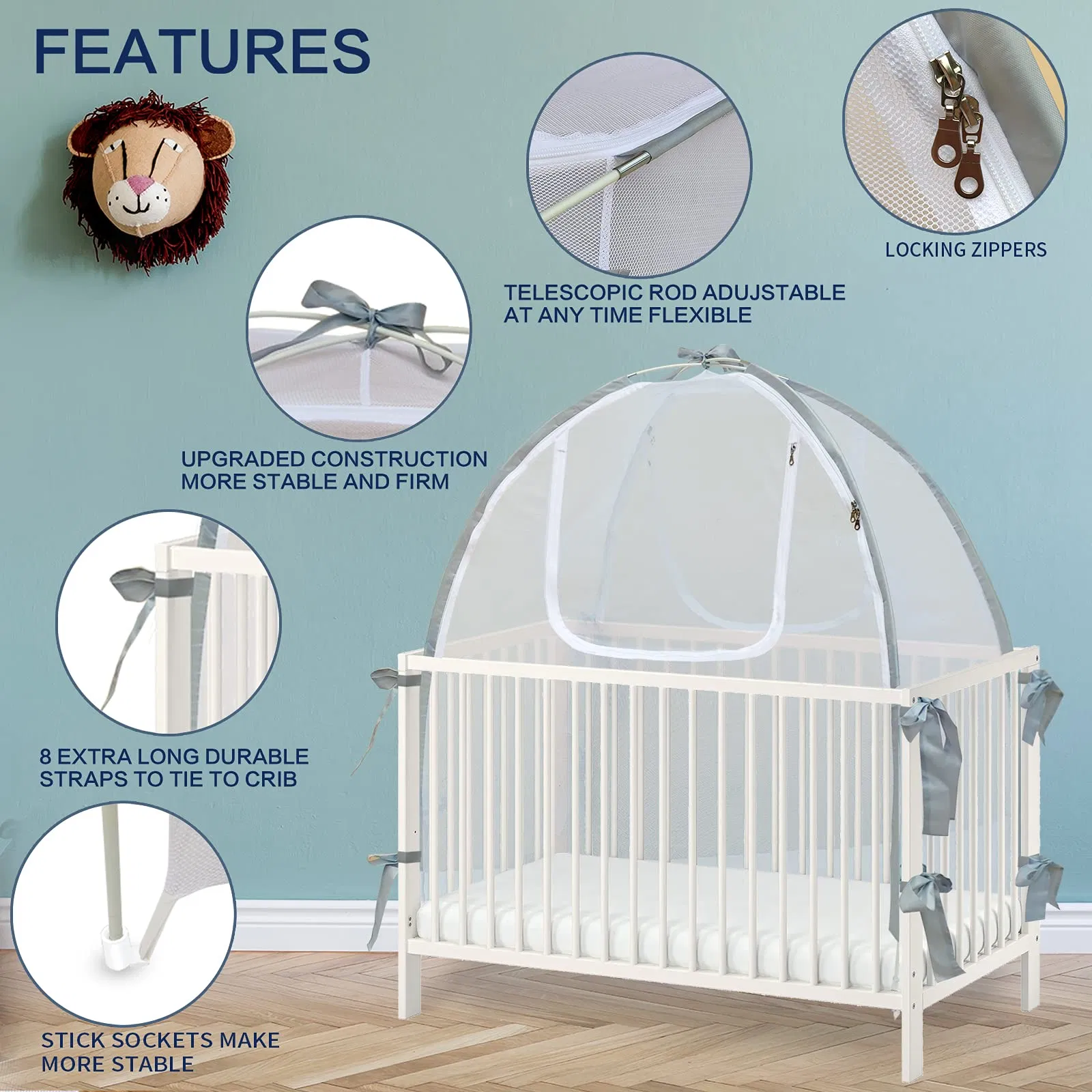 Baby Crib Tent Safety Net Durable Strong Net Self Locking Zippers Mosquito Net