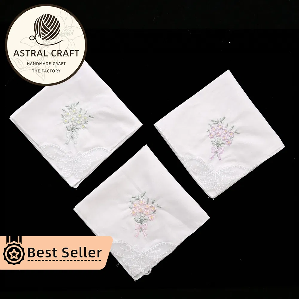 Custom 28cm Embroidered Cotton Handkerchief Bouquet of Flowers White Dinner Lace Linen Napkins