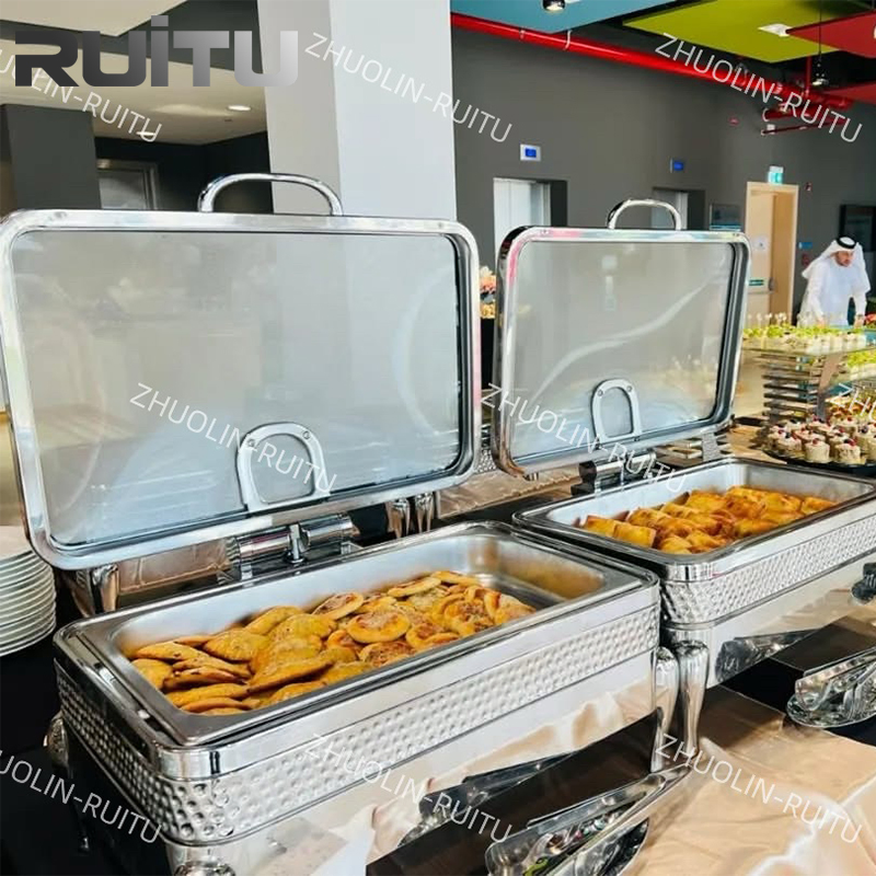 Restaurant Equipment Rose Gold Chaffer Dishes Luxury Glass Lid Induction 9L Cheffing Dishes Food Catering Stainless Steel Food Warmer Buffet Chafing Dish