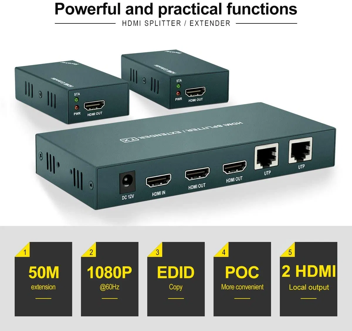 HDMI-сплиттер 1x2 с удлинением до 50м, 1080P 60Гц