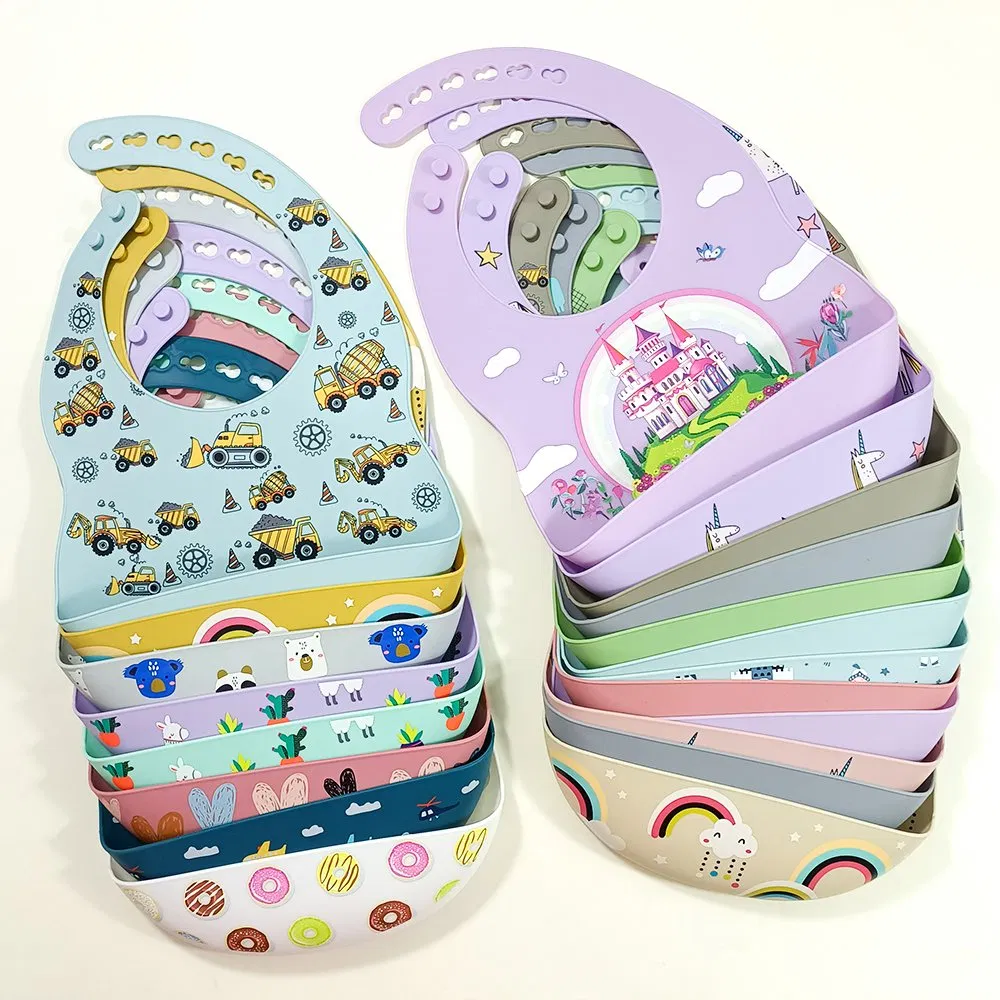 Custom Printed Reusable Silicone Baby Bibs Apron Set Cartoon Animals BPA Free Food Grade Toddler Bib