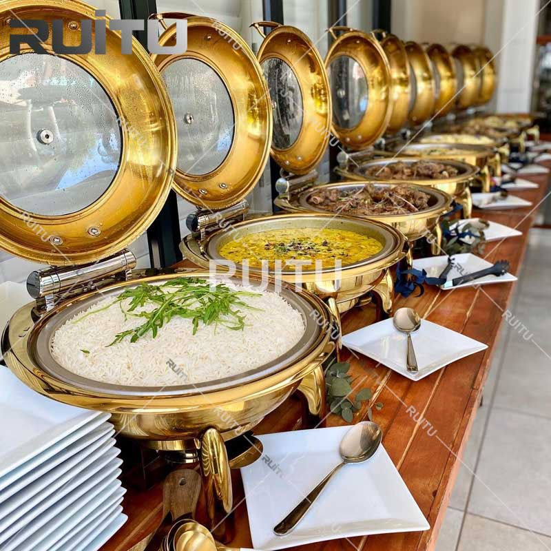 Restaurant Equipment in Guangzhou 6L Chefing Dish Buffet Stove Catering Stainless Steel Round Hydraulic Chafing Dish with Glass Lid Luxury Gold Chaffing Dishes