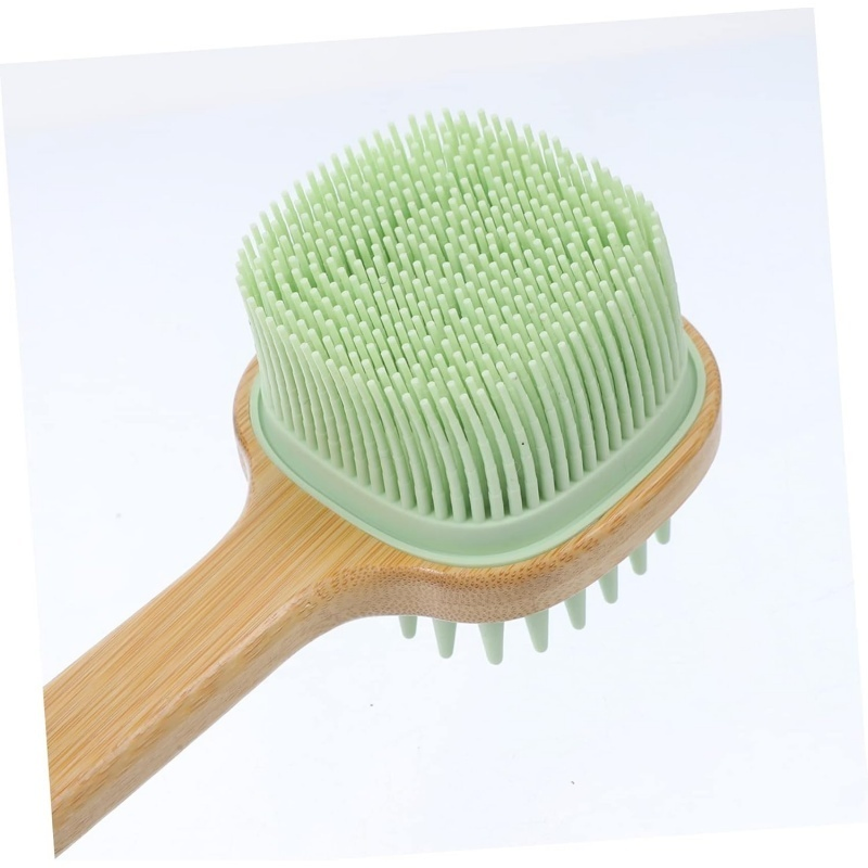 Long Handle Message 2 in 1 Exfoliating Soft Silicone Shower Brush Body Scrubber with Soft Bristles, Detachable Bamboo Handle