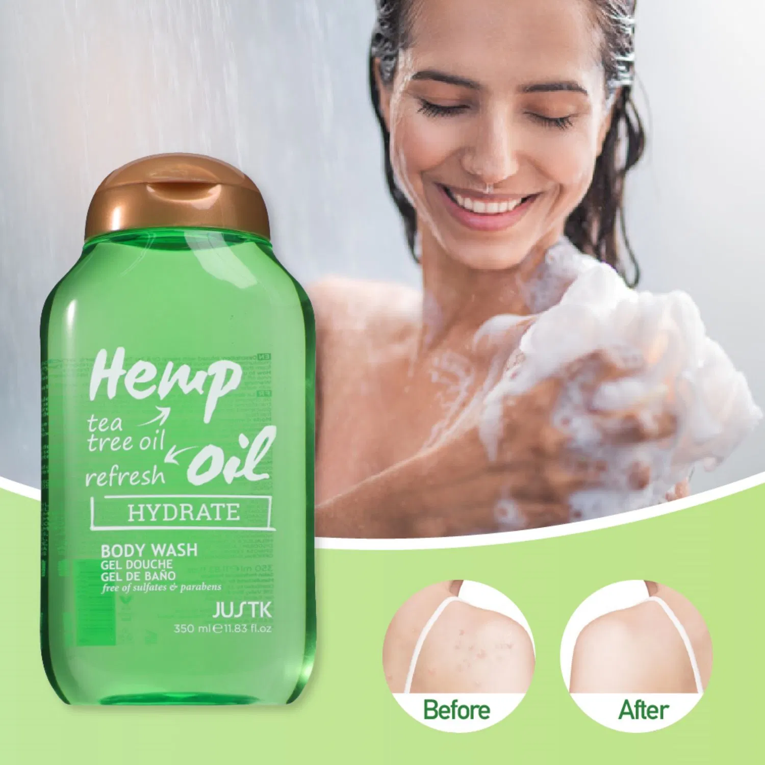 Justk Tea Tree Oil Control Refresh Body Care Shower Gel Body Wash 350ml Cosmetic Wholesale Bath Product