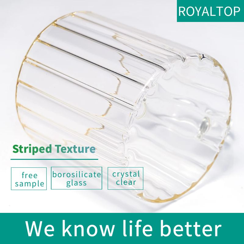 Minimalist Clear 350ml Borosilicate Pyrex Ribbed Glassware Cold Drink Beer Coffee Tea Glass Cups with Traced Gold Edge