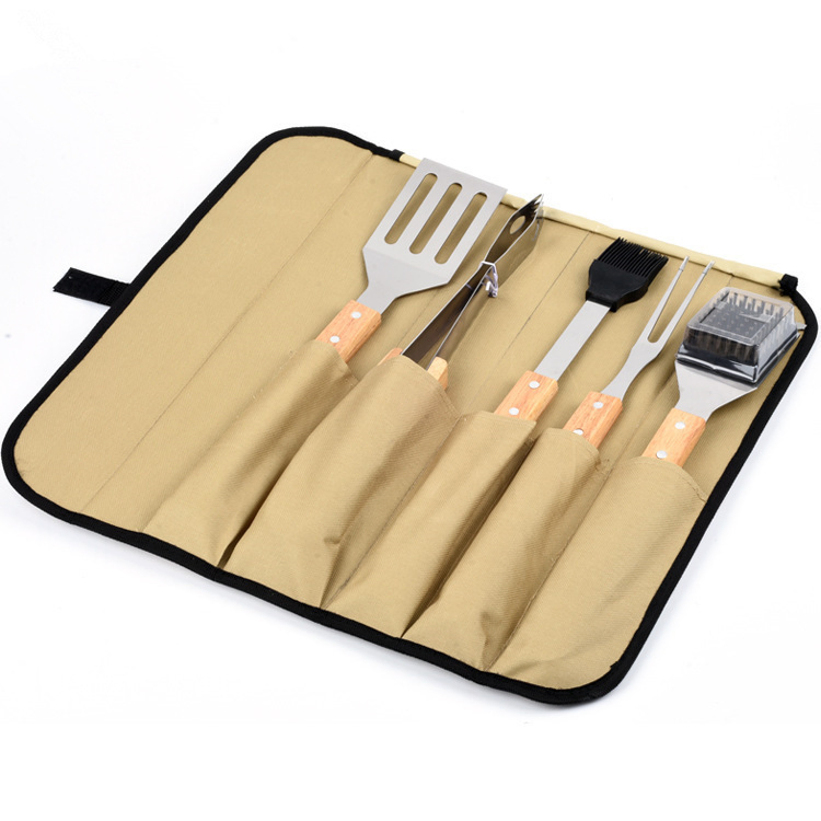 BBQ Tool Kit Gifts Barbecue Utensil Set for Home, Grill, Camping, Travel 5PCS Wooden Handle Grill Tool Set