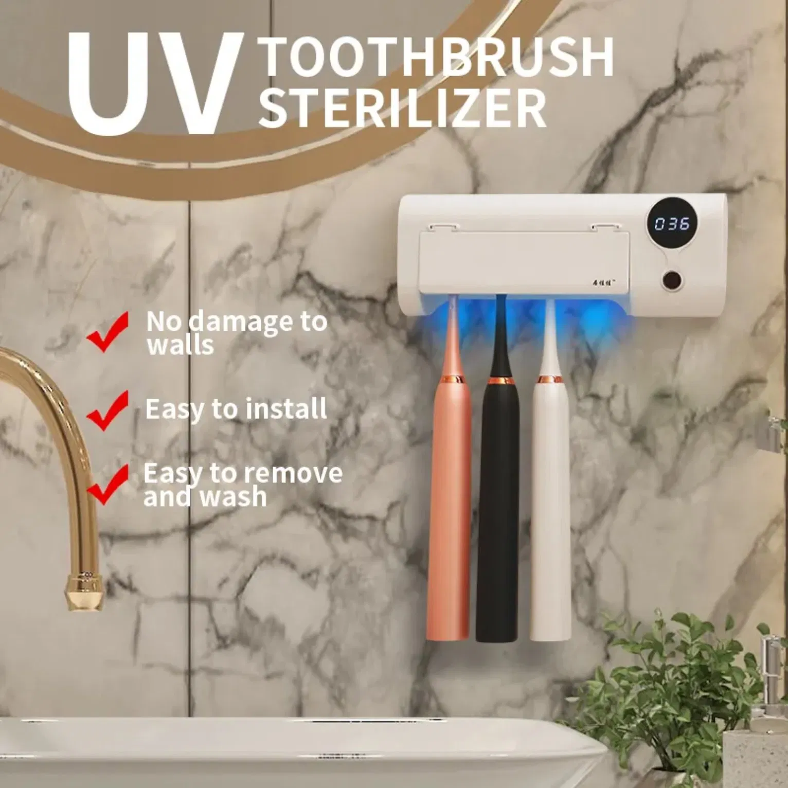 Toothbrush Holder with UV Sterilizer Rechargeable Electric Toothbrush Sanitizer with Air Dry & Display Timer 4 Slots for Family Use
