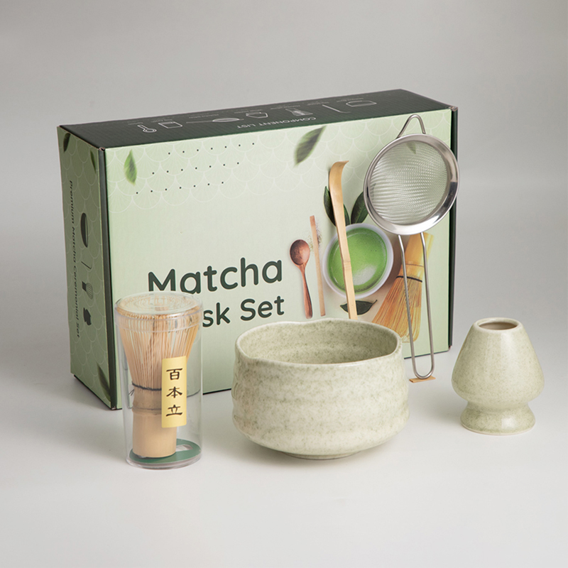 Custom Logo Matcha Tea Set 4 to 10 Pieces Japanese Matcha Bowl Tea Whisker Standing Bamboo Matcha OEM Set Whisk with Gift Box