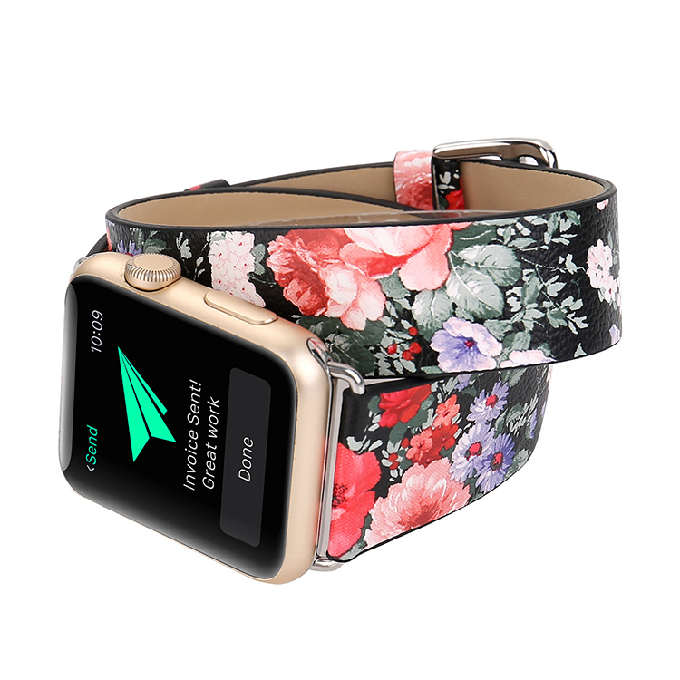 Elegant Floral Print Leather Watch Band for Apple Watch