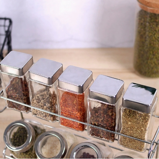 10PCS Glass Spice Jars Set with Stainless Steel Lid and Metal Rack Spice Shaker