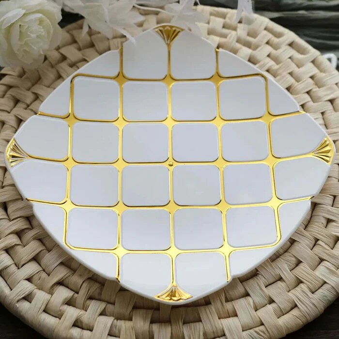 Elegant White Disposable 10" Square Dinner Plates with Gold Lattice