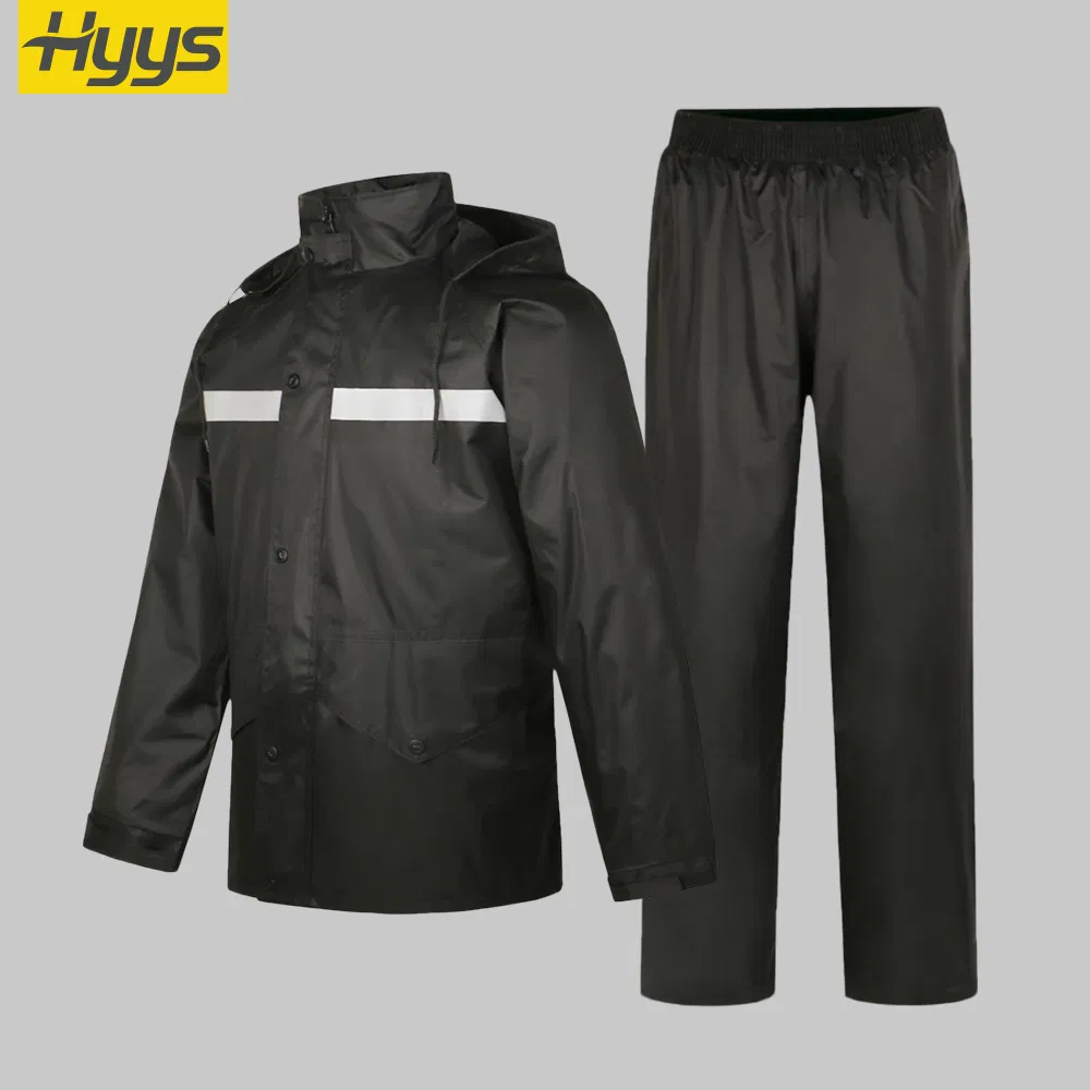 Non-Disposable Black PVC Rain Jackets and Pants with Reflective Work Macintosh Safety Waterproof Rainwear with Hooded