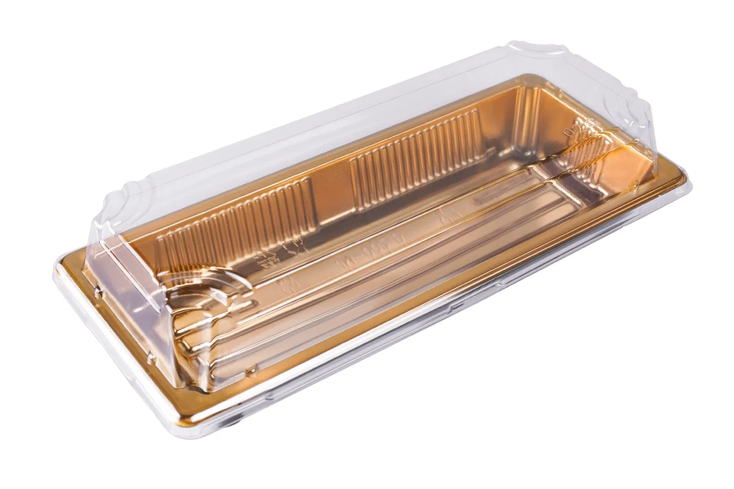 Disposable Food Grade Plastic Pet Takeaway Container Sushi Packaging Tray with Lid Gold Rectangular