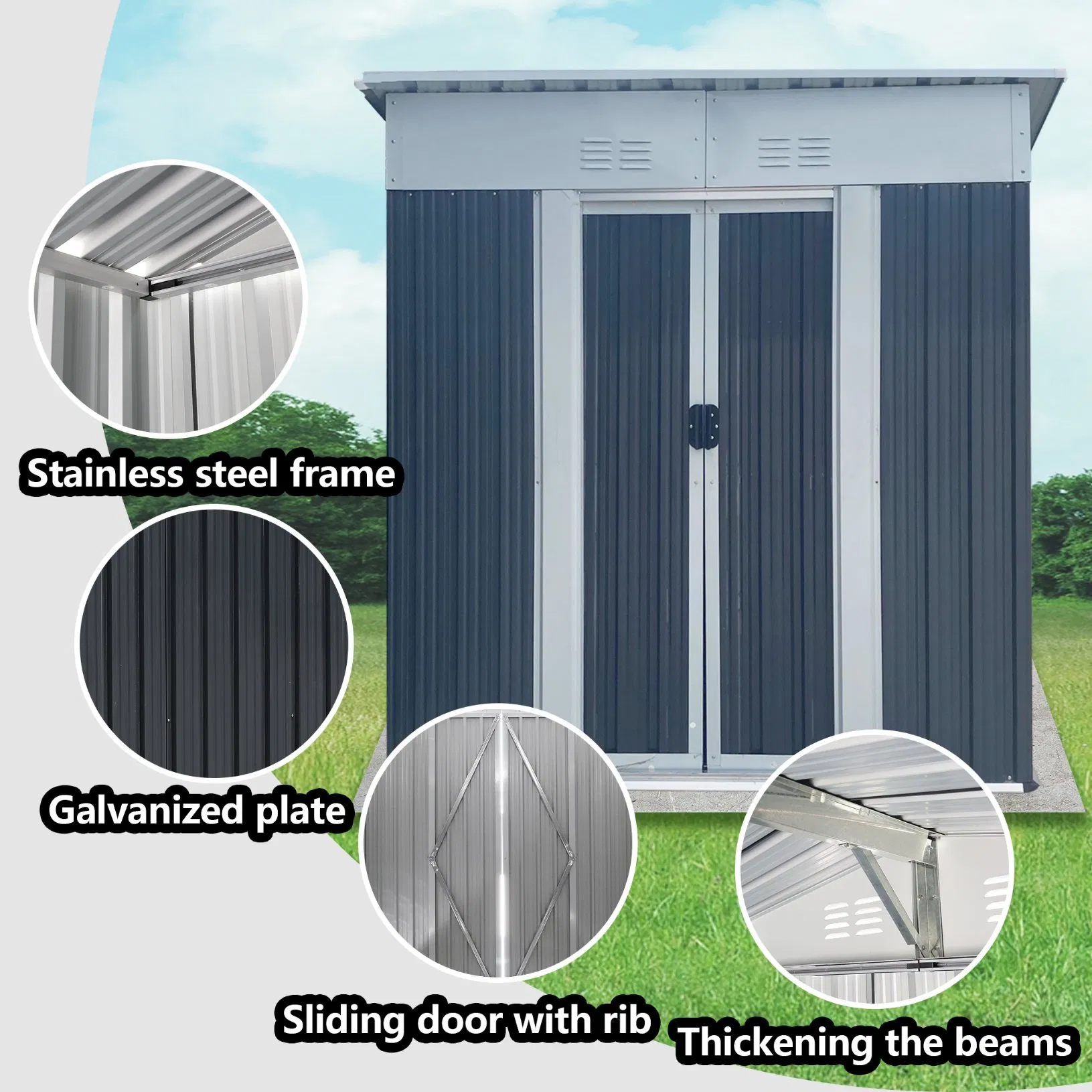Gray Garden Sheds Metal for Sale Modern Style Outdoor Storage Tools Room