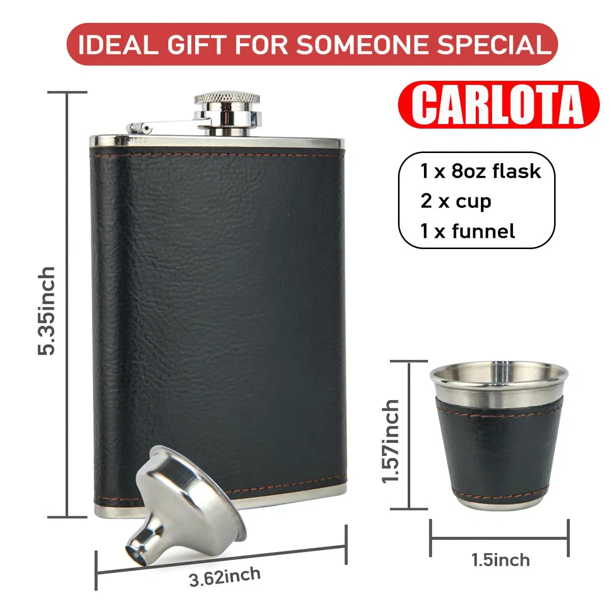 8oz Black Flagon and Funnel 304 Stainless Steel Leather Hip Flask Set