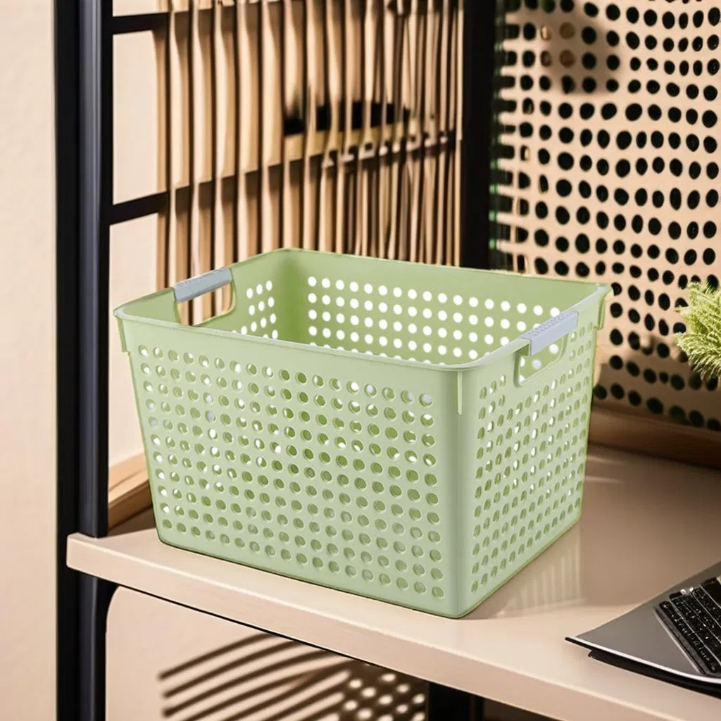 Deep Large Plastic Storage Basket with Open Side Handle Convenient Collapsible Design for Sundries Storage Use