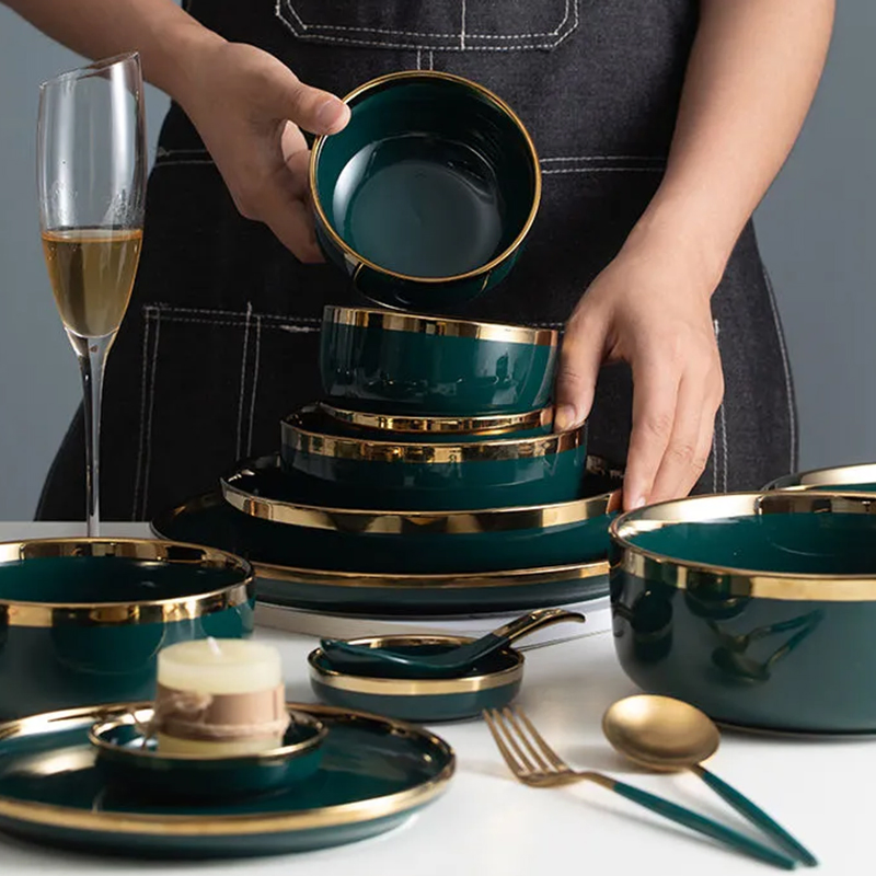 Chic Ceramic Dinnerware Set in Emerald Green with Golden Borders