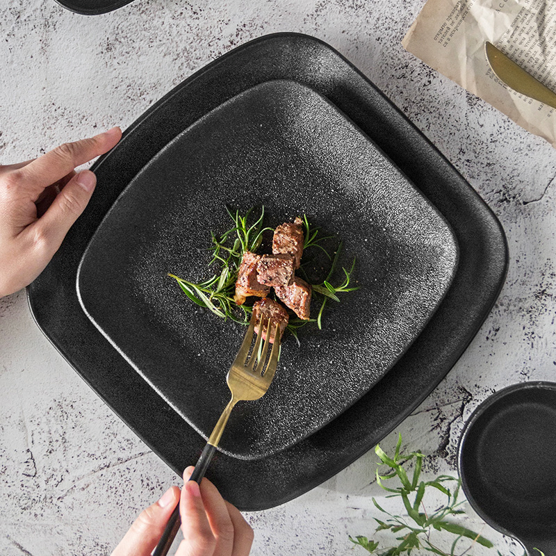 10 Inch Ceramic Square Flat Plates Cast Iron Black Steak Western Plate