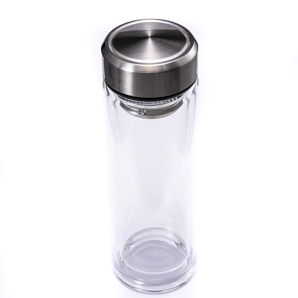 Wholesale Stainless Steel Lid Double Borosilicate Glass Wall Water Bottle with Filter