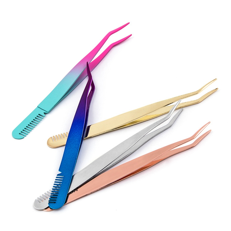 Colorful High Quality Eyelashes Nipper Eyebrow Tweezers with Comb Magnetic Eyelash Tweezers Private Label