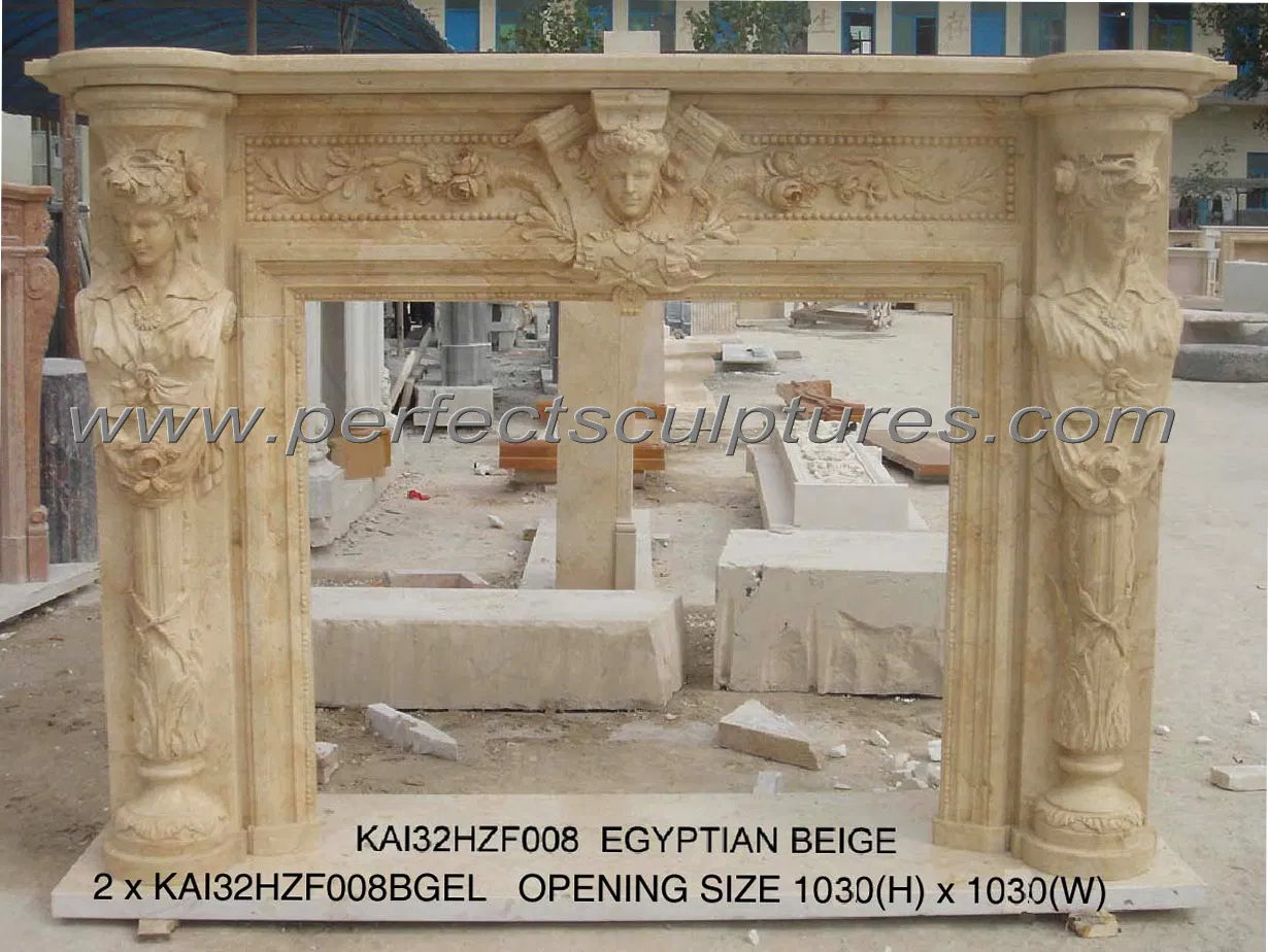 Egyptian Beige Marble Fireplace Surround with Carved Female Statue (QY-LS306)