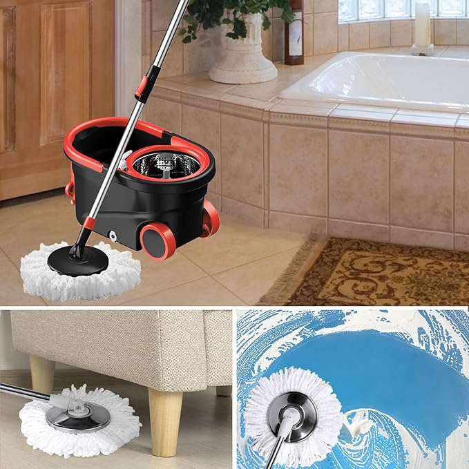 Microfiber for Spin Mop Replacement Head with Easy Indoor Cleaning Plastic Basket and Steel Pole Telescopic Handle Mop