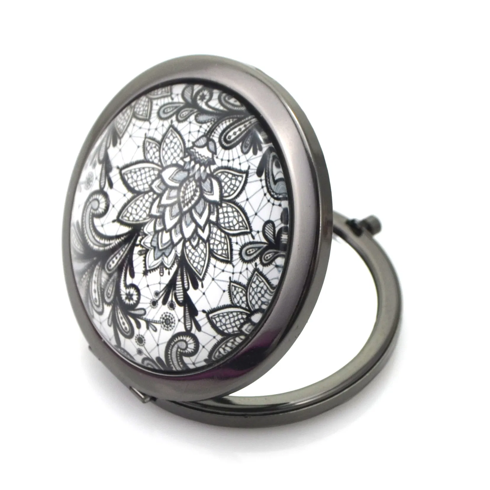 Exquisite Vintage Print Small Round Mirror for Makeup, Magnifying Folding Pocket Mirror